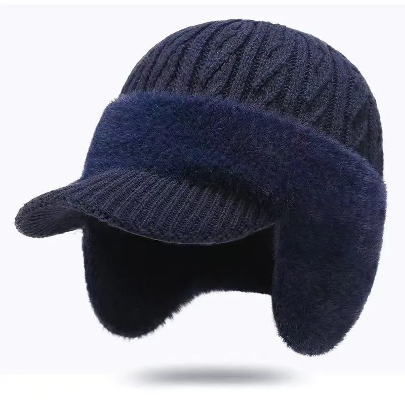 Men's Solid Color Cable Knit Short Brim Built-in Plush Ear Flaps Trapper Hat