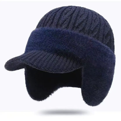 Men's Solid Color Cable Knit Short Brim Built-in Plush Ear Flaps Trapper Hat