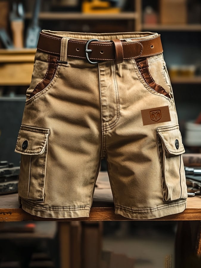 Men's Vintage Outdoor Pocket Functional Leather Stitching Cargo Shorts (without belt)