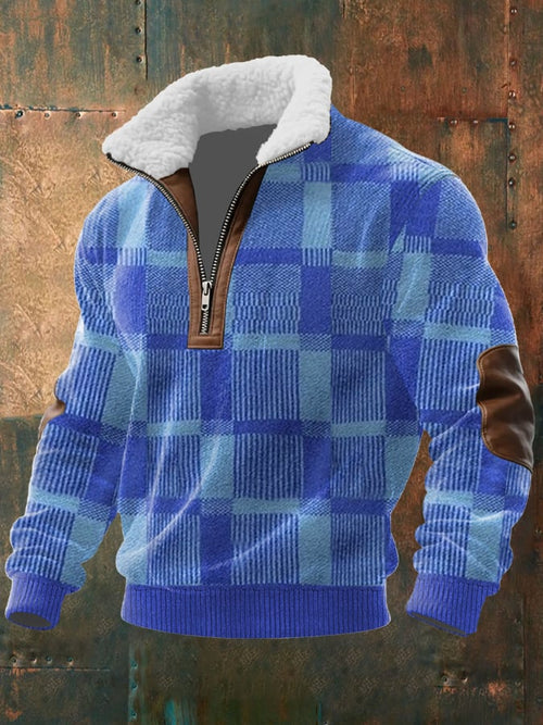Men's Retro Western Texture Print Knit Fabric Zipper Fur Collar Long Sleeve Sweatshirt