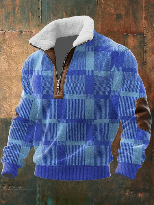 Men's Retro Western Texture Print Knit Fabric Zipper Fur Collar Long Sleeve Sweatshirt