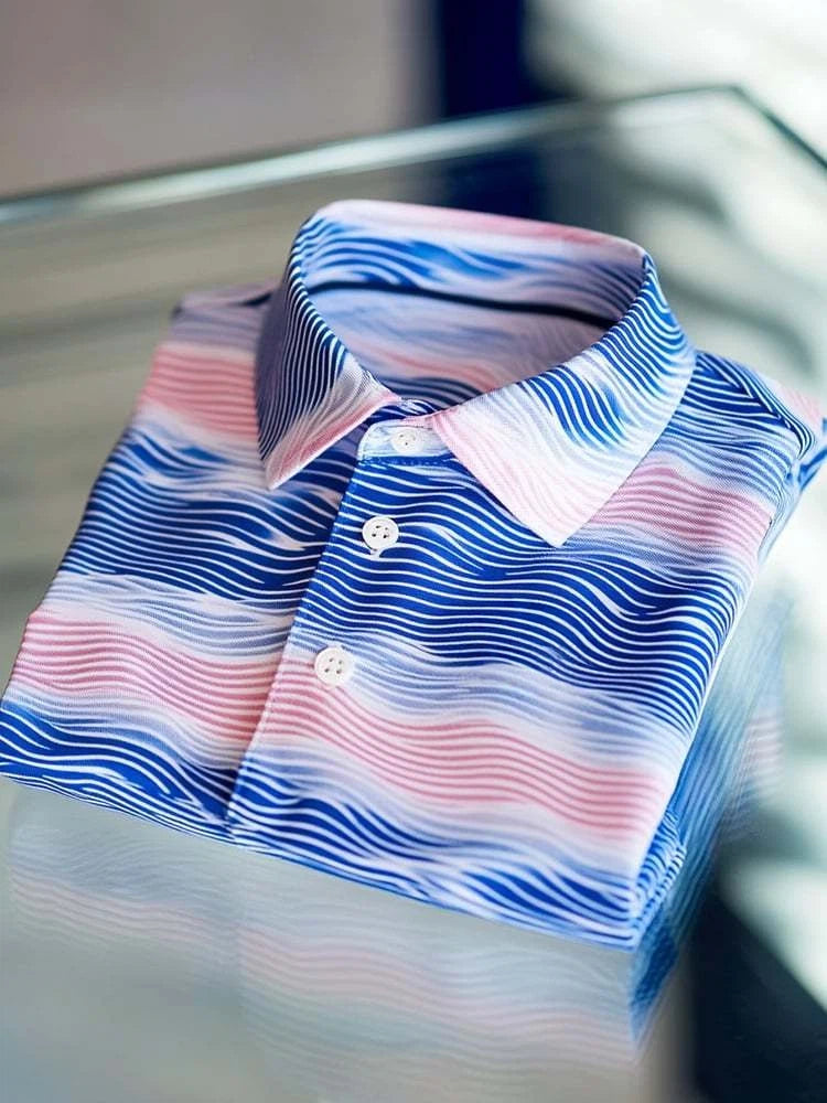 Men's Business Casual Blue and Pink Wave Logo Button Short Sleeve Polo Shirt