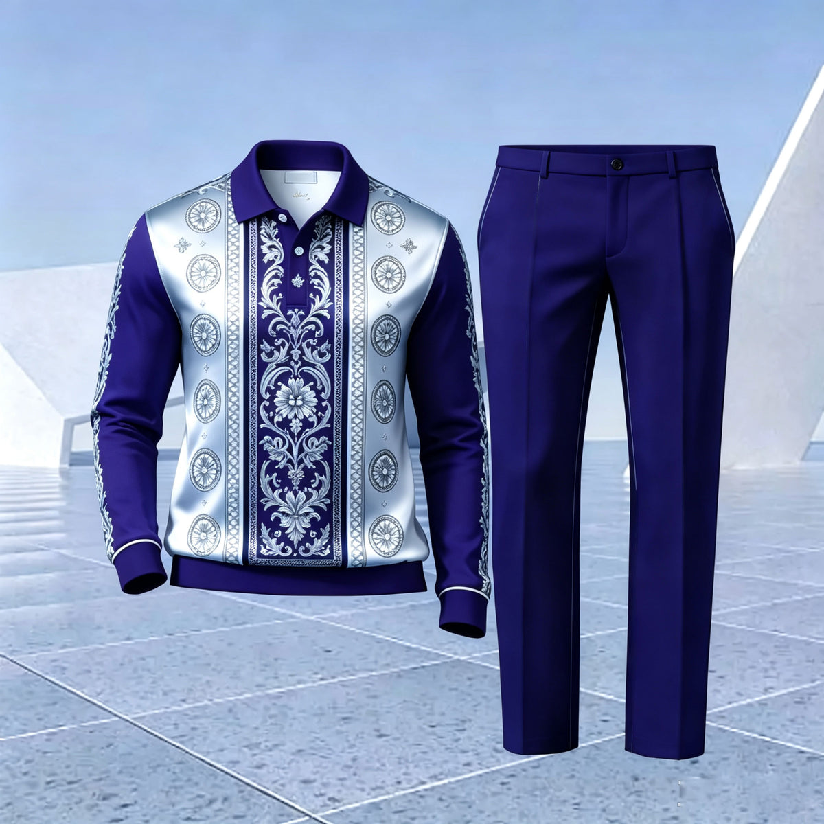 Men's Blue and White Color-Blocked Polo Shirt and Pants Set