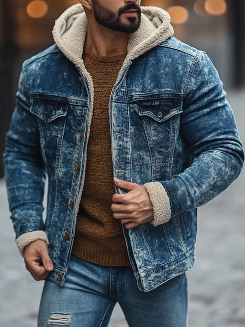 Men'S Vintage Distressed Lambswool Casual Denim Jacket