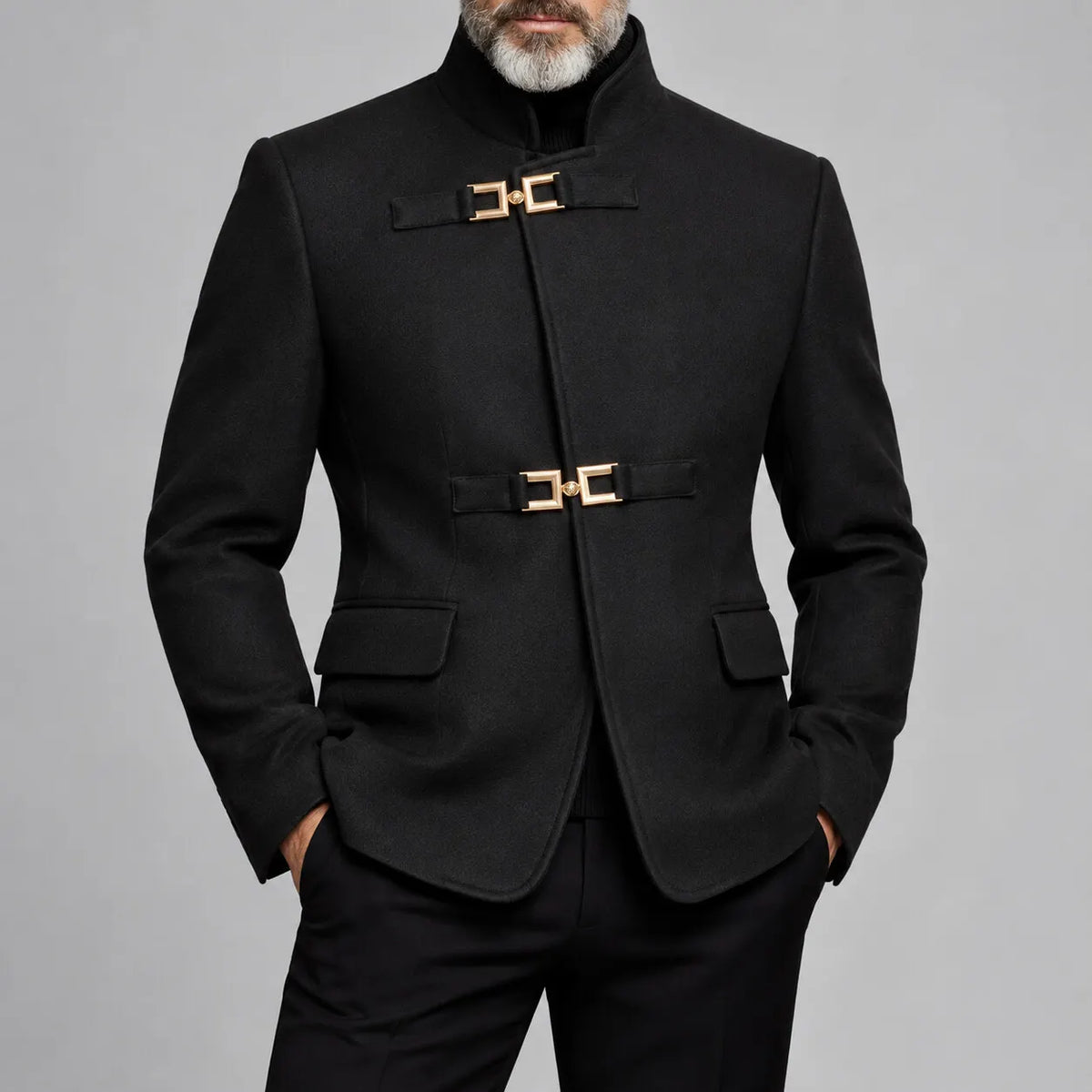 Men's Black Stand Collar Gold Metal Buckle Slim Fit Semi Formal Jacket