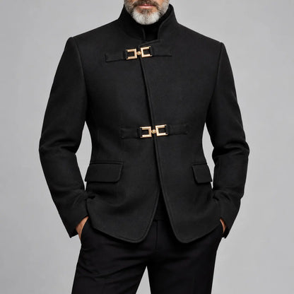 Men's Black Stand Collar Gold Metal Buckle Slim Fit Semi Formal Jacket