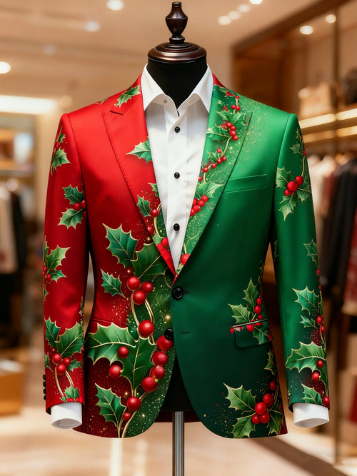 Men's Business Casual Notch Lapel Vintage Xmas Holly Berry Colorblock Print Blazers