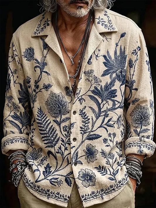 Men's Vintage Elegant Flowers And Plants Art Print Long Sleeve Shirt