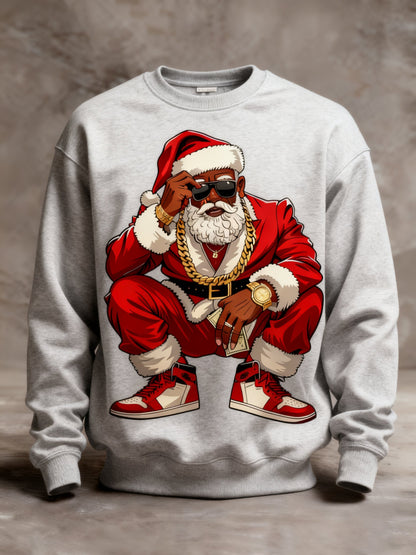 Men's African American Santa Claus Christmas Print Crew Neck Shirt