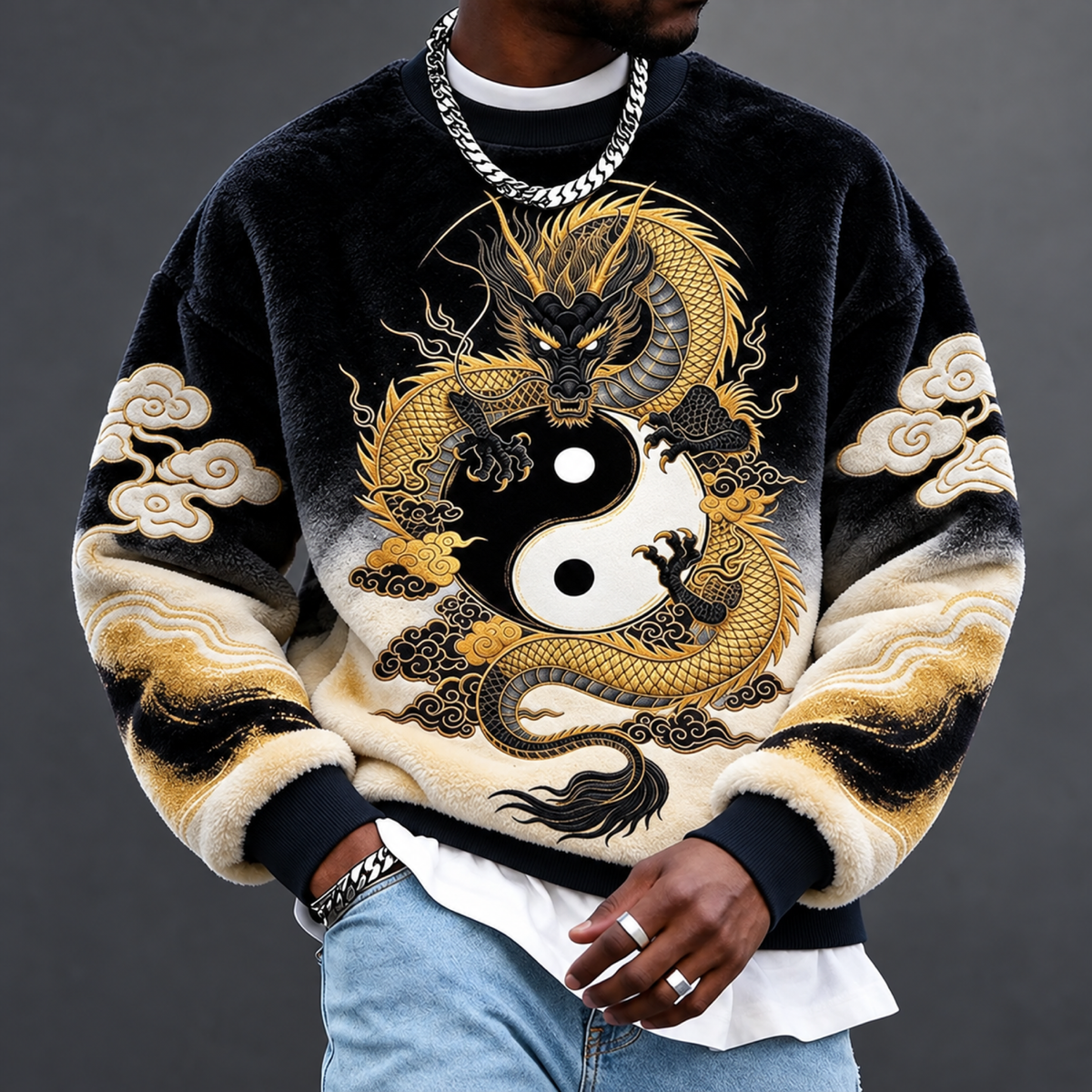 Men's Round-Neck Sweatshirt with “Golden Dragon Circling the Tai Chi” Print