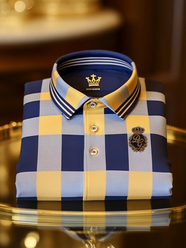 Men's Classic Business Check Logo Button Short Sleeve Polo Shirt