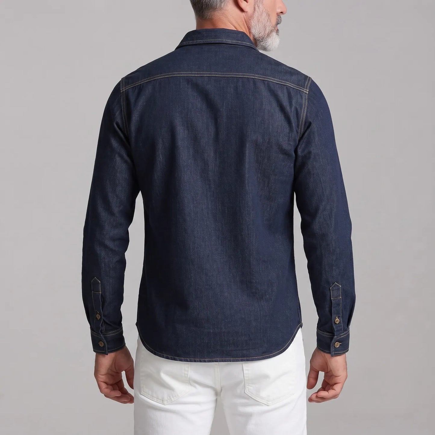 Men's Navy Blue Denim Chest Flap Pockets Button-up Long Sleeve Shirt