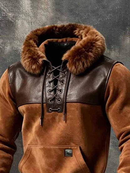 Men'S Retro Suede And Leather Panel Hoodie With Plush Lining