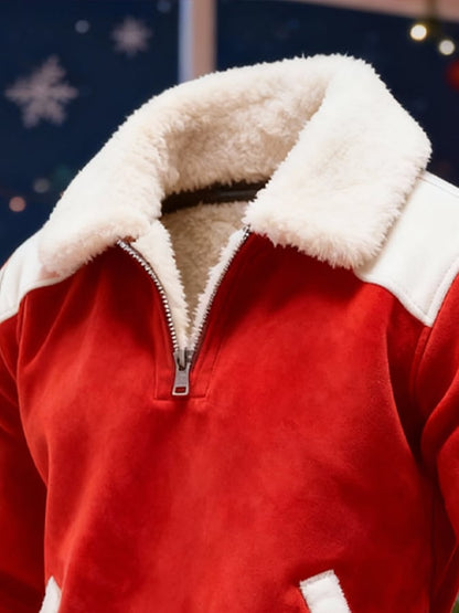 Men's Suede Warm Plush Color-Blocked Christmas Hooded Sweatshirt