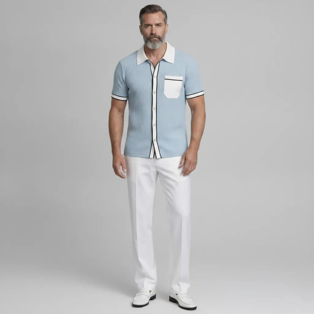 Men's Cool Blue Ribbed Knit Patch Pocket Contrast Binding Short Sleeve Shirt