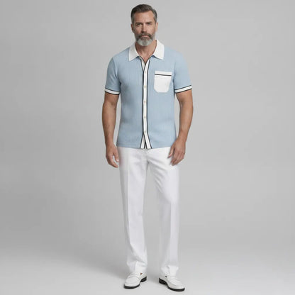 Men's Cool Blue Ribbed Knit Patch Pocket Contrast Binding Short Sleeve Shirt