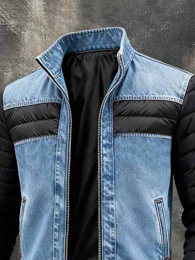 Men's Vintage Washed Denim-Panelled Outdoor Down Jacket