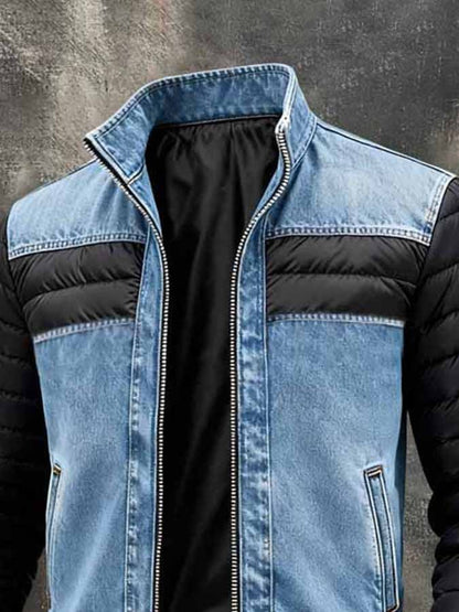Men's Vintage Washed Denim-Panelled Outdoor Down Jacket