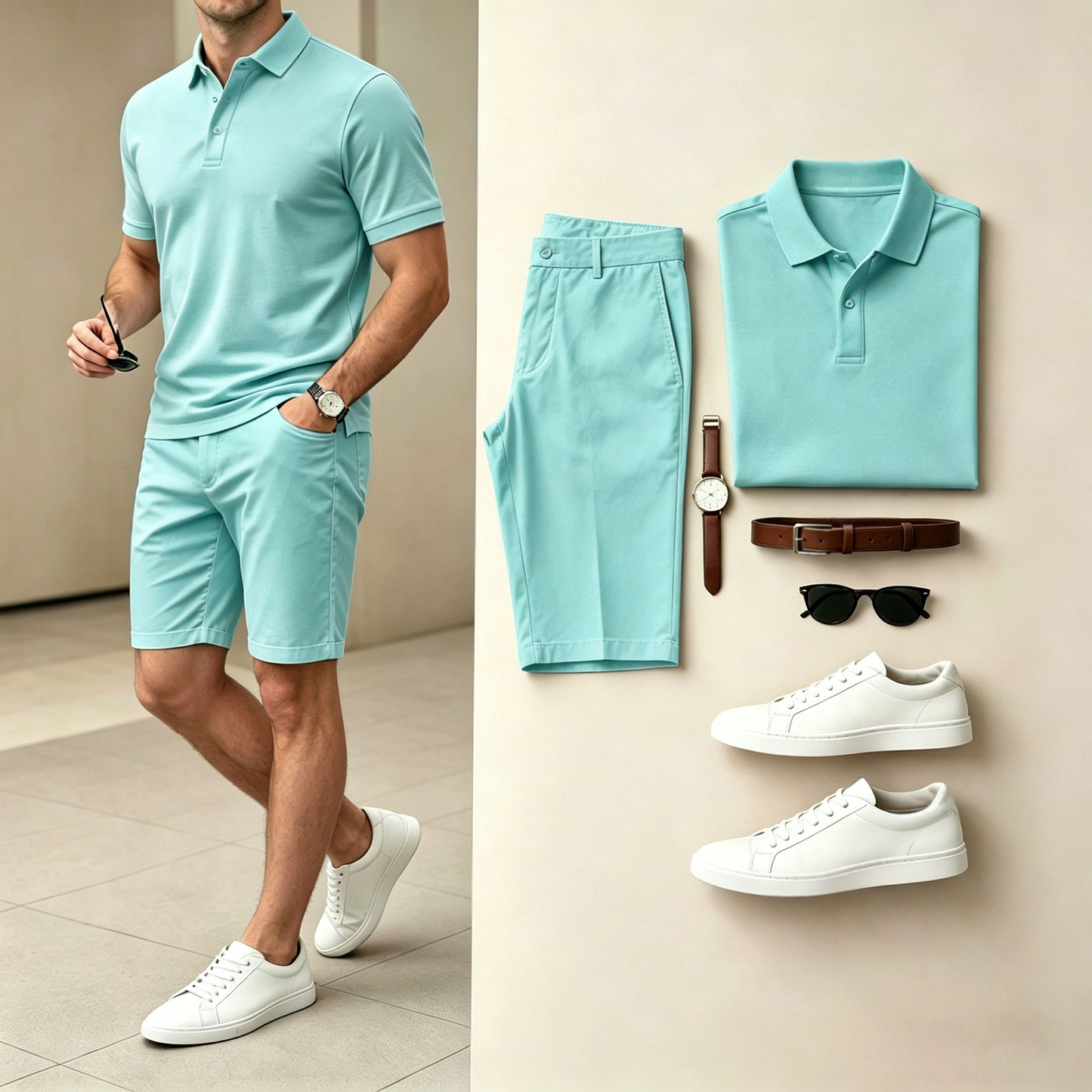Men's Casual Solid Lake Blue Polo Shirt And Shorts Two-Piece Set (Does Not Include Watch, Belt, Or Accessories)