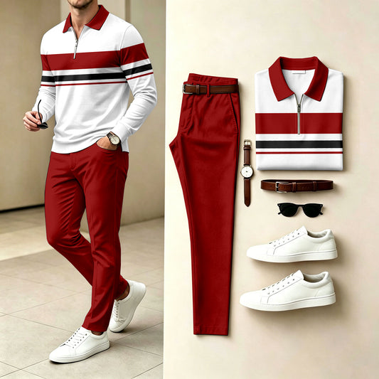 Men's Striped Polo-Collar Zipper Long-Sleeve Shirt and Pants Two-Piece Set