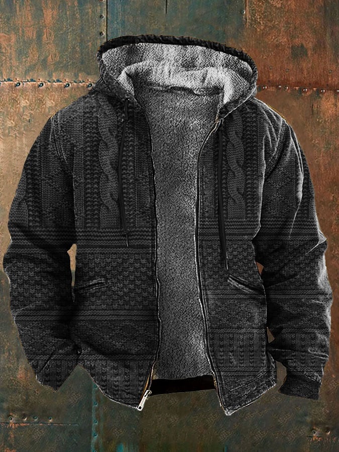 Men's Retro Western Style Knitted Printed Fleece Jacket
