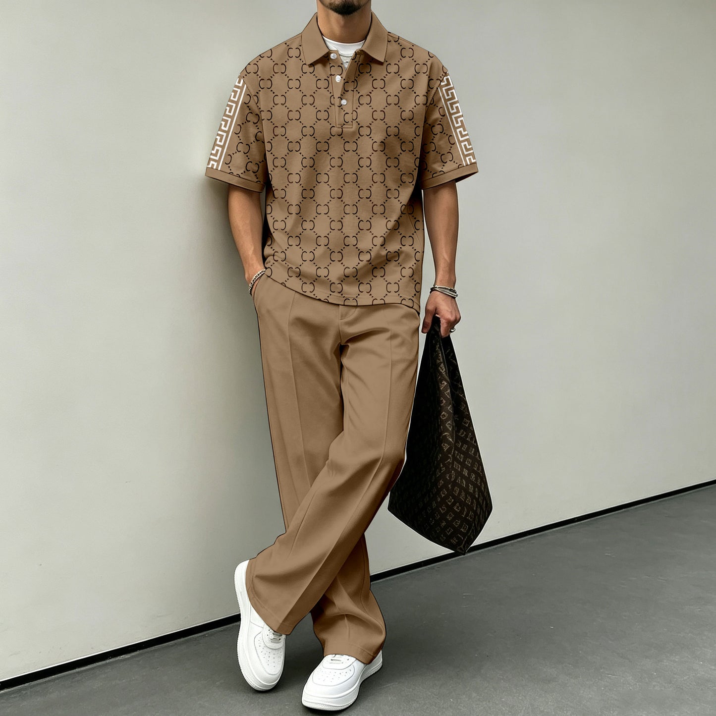 Men's Brown Printed Short-Sleeve Polo Shirt and Pants Set