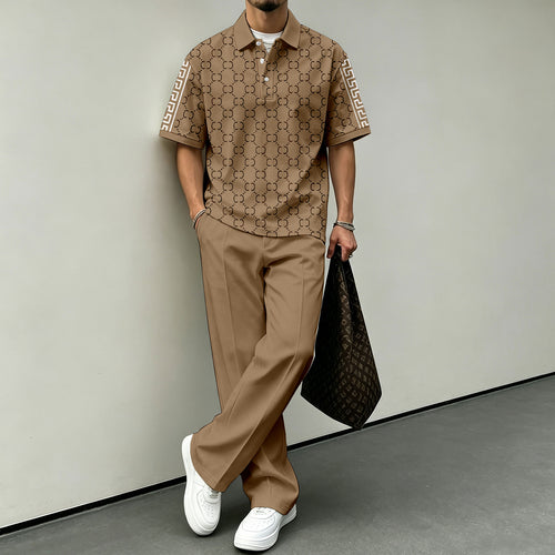 Men's Brown Printed Short-Sleeve Polo Shirt and Pants Set