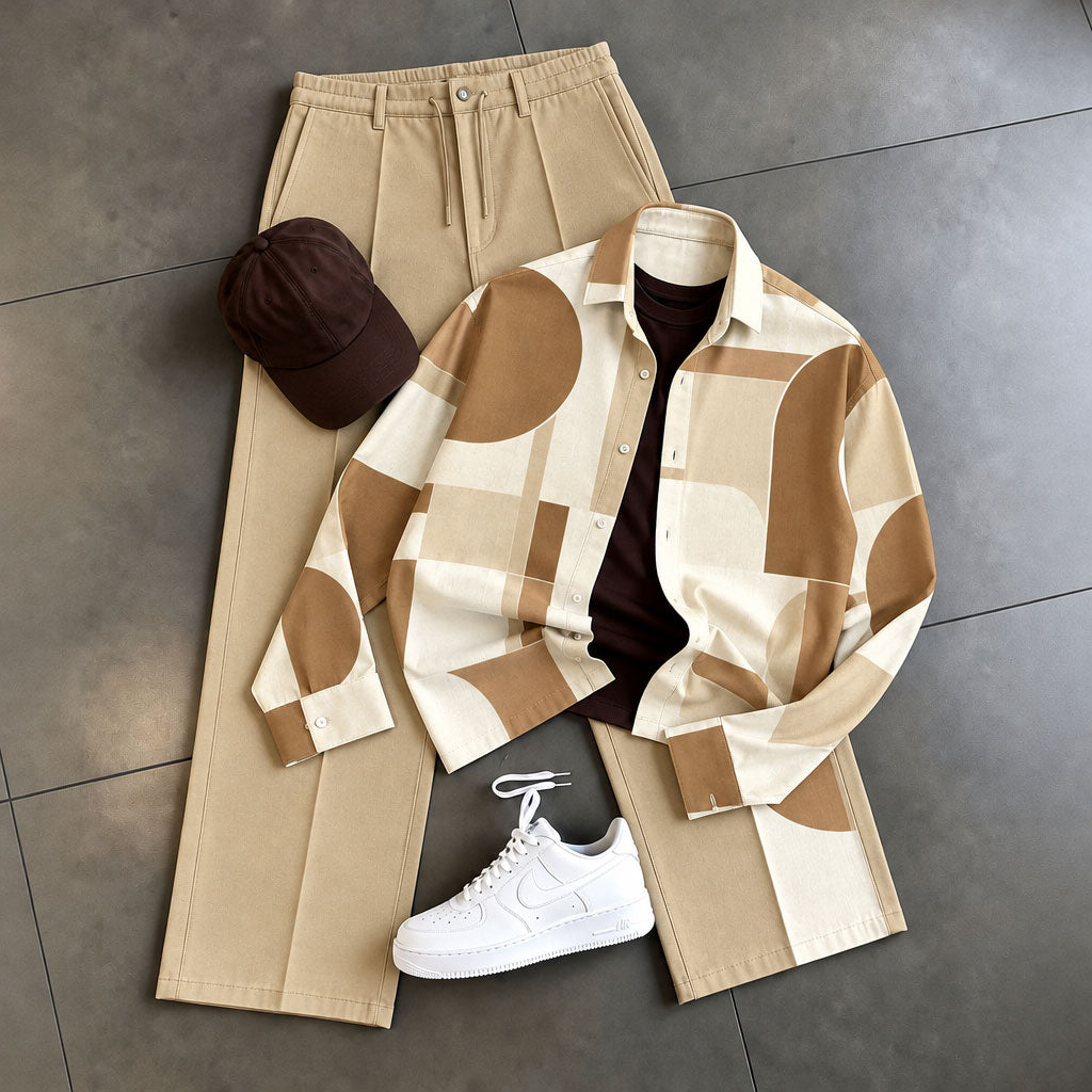 Men's Two-Piece Set: Geometric-Print Shirt and Pants