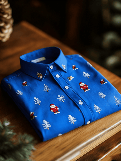 Men's Business Luxury Christmas Evergreen Pine and Santa Claus Print Long Sleeve Shirt