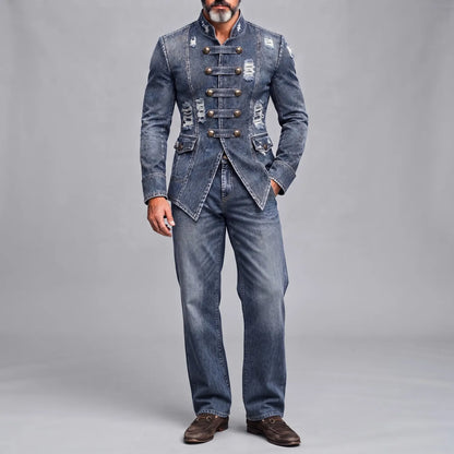 Men's Blue Vintage Distressed Washed Denim Ripped Stand Collar Single Breasted Slim Fit Jacket
