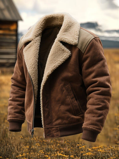 Men'S Vintage Suede Colorblock Lambswool Lapel Jacket