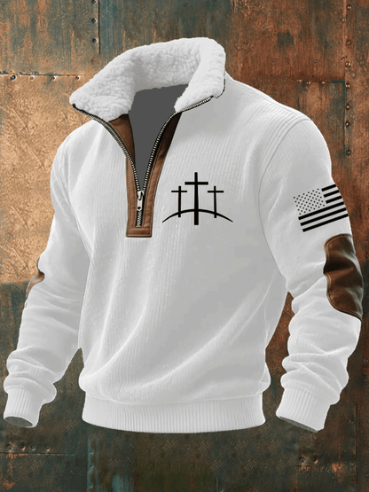 Men's Faith Print Knitted Fabric Zipper Fur Collar Long-Sleeved Sweatshirt