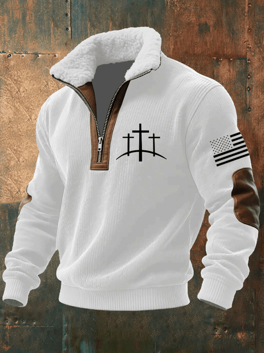 Men's Faith Print Knitted Fabric Zipper Fur Collar Long-Sleeved Sweatshirt