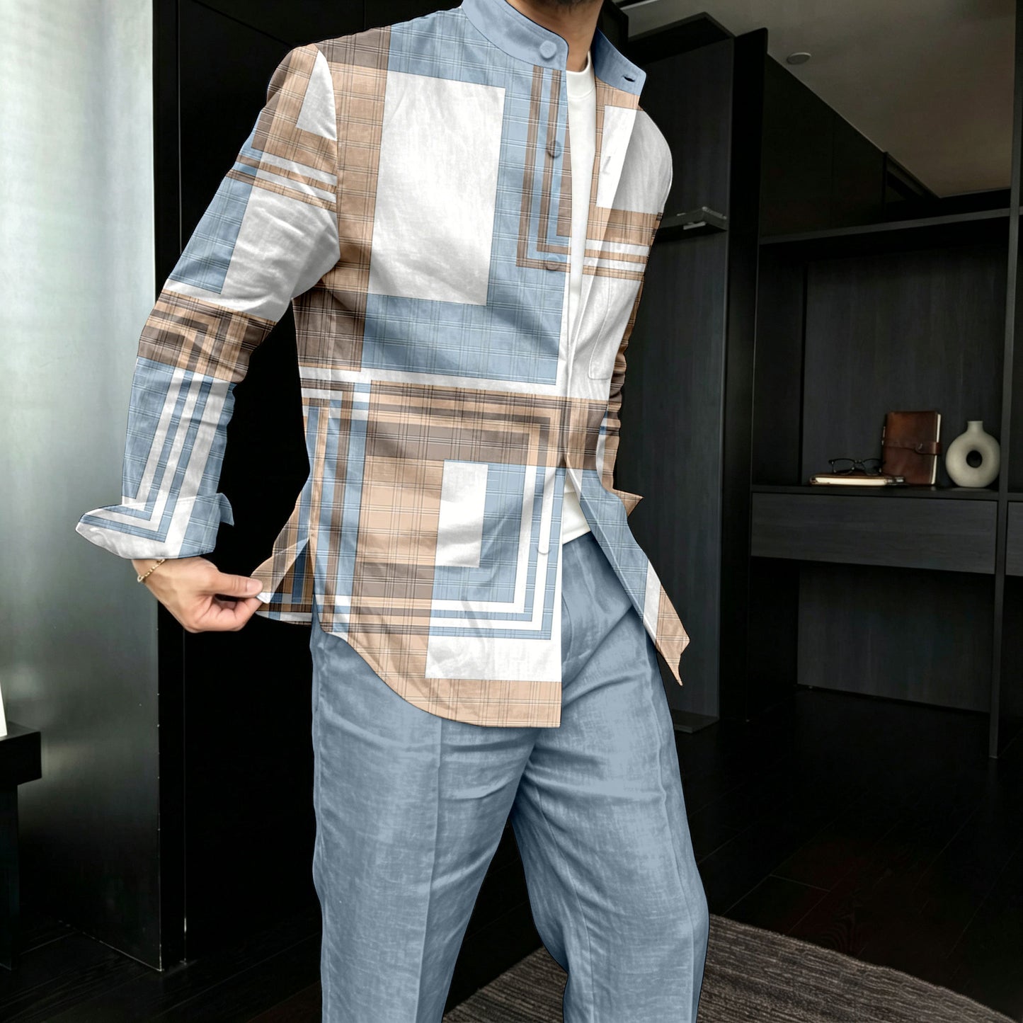 Men's Casual Checkered Patchwork Print Stand-Collar Long-Sleeve Shirt and Pants Two-Piece Set