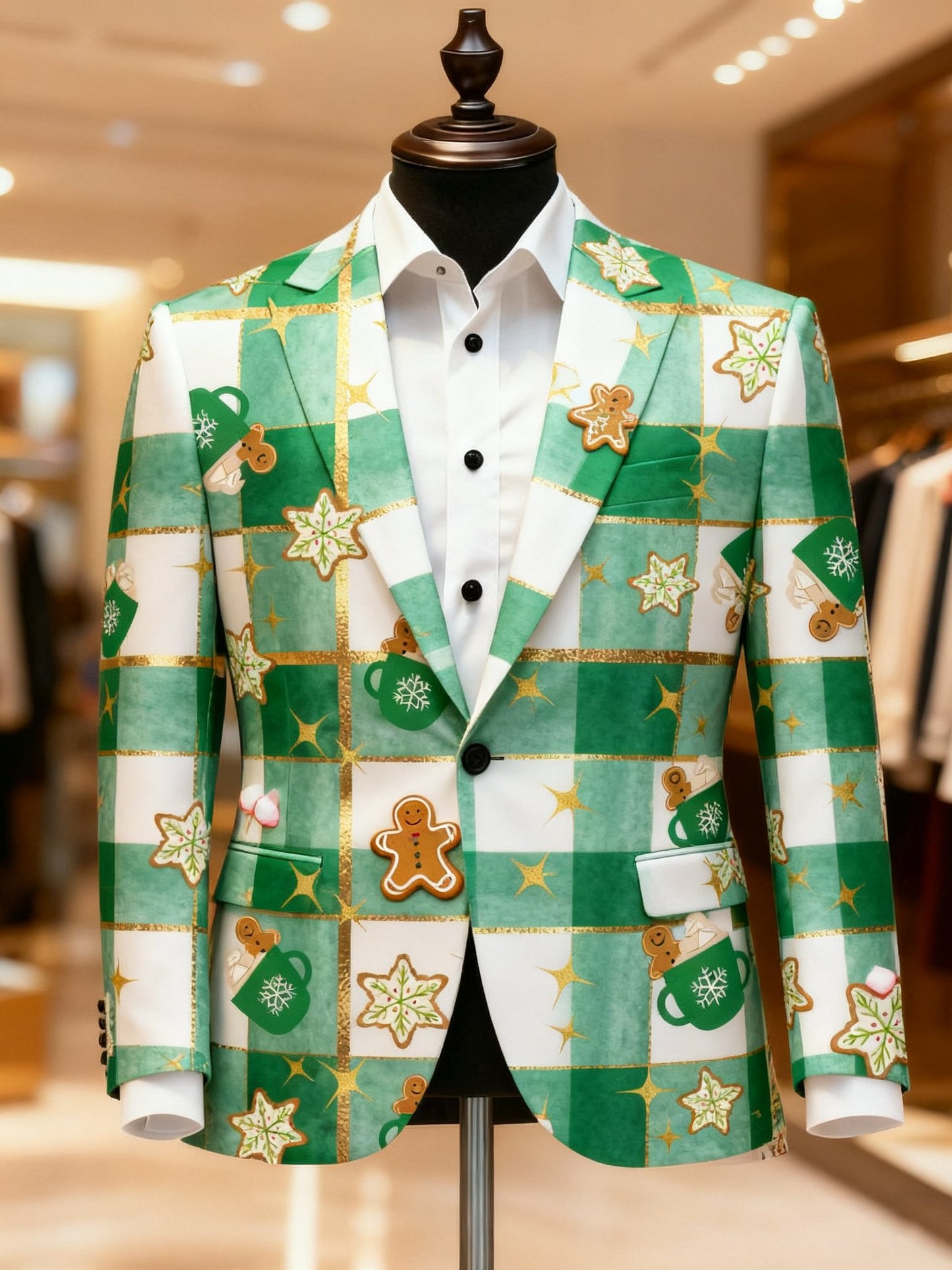 Men's Business Casual Notch Lapel Plaid Vintage Xmas Print Blazers