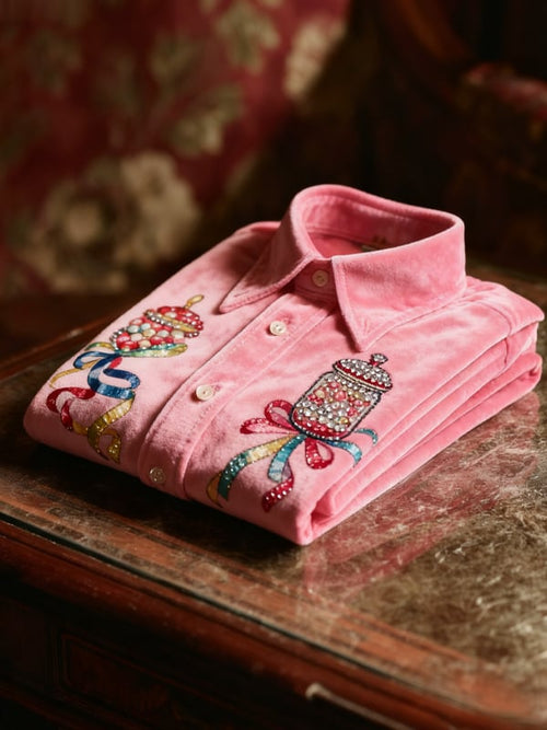 Men's Velvet Rhinestone Christmas Logo Casual Long Sleeve Shirt