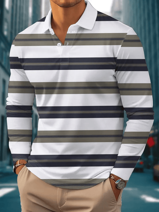 Men's Business Casual Striped Long-Sleeved Polo Shirt