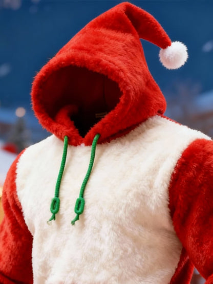 Men'S Plush Warm Color-Blocked Christmas Hooded Sweatshirt