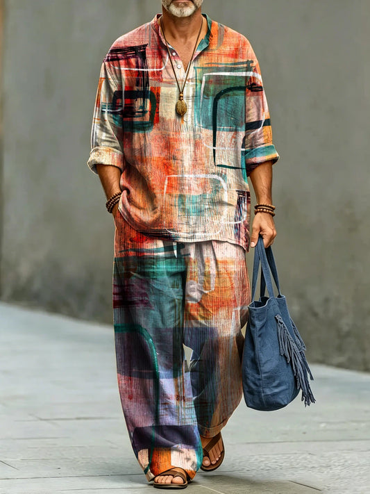 Men's Fashionable Abstract Geometric Stripe Art Print Cotton Shirt Set