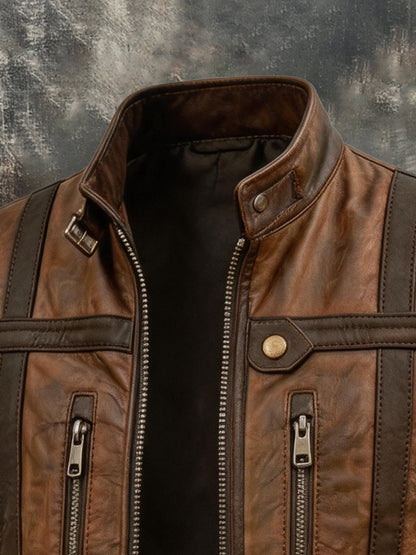 Men's Vintage-Style Distressed Leather Multi-Pocket Vest