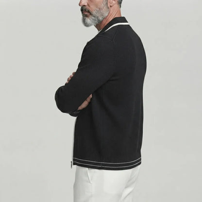 Men's Solid Color Contrast Binding Turndown Collar Zipper Knitted Cardigan
