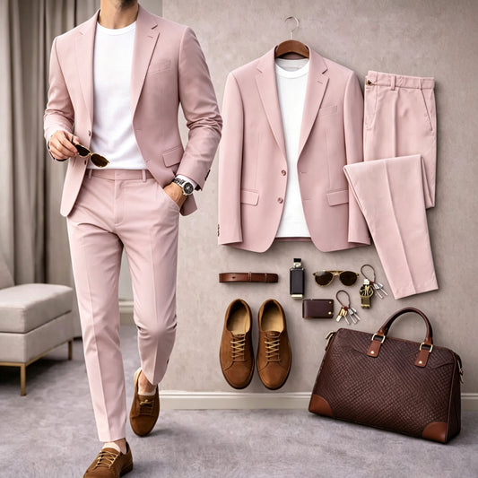 Men's Solid-Color Long-Sleeve Shirt and Long Pants Suit Set