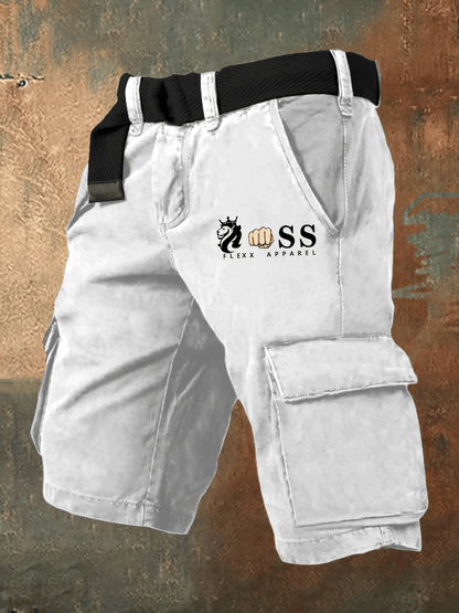 Men's Retro Letter Print Cargo Shorts (Belt Not Included)