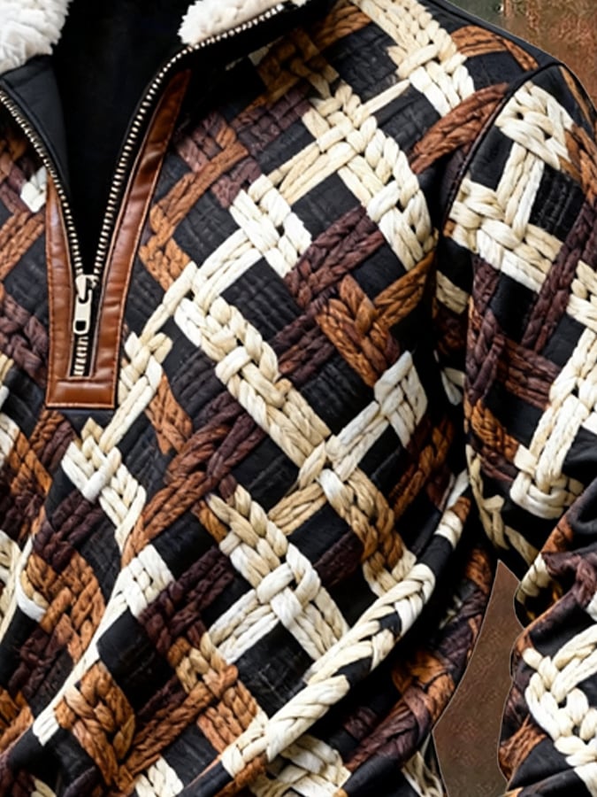 Men's Retro Color Block Print Casual Fur Collar Long Sleeve Sweatshirt