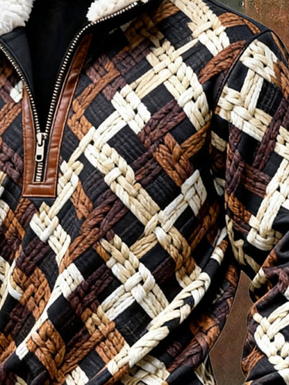 Men's Retro Color Block Print Casual Fur Collar Long Sleeve Sweatshirt
