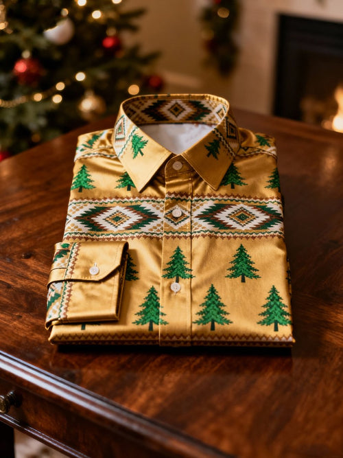 Men's Business Christmas Evergreen Tree Printed Long Sleeve Shirt