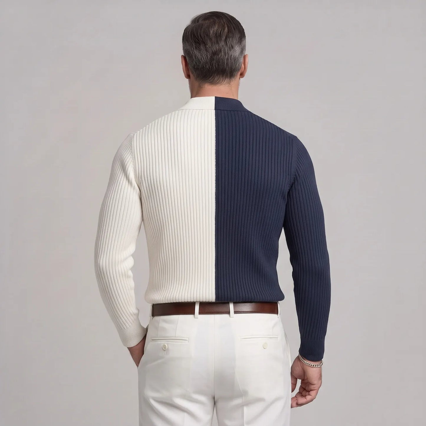 Men's Colorblock Ribbed Knit Double-Breasted Lapel Collar Slim Fit Shirt