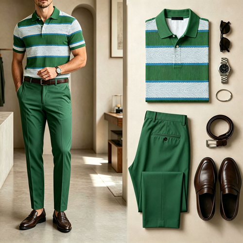 Men's Casual Horizontal Striped Color-Block Print Short-Sleeve Polo Shirt And Pants Set (Excludes Accessories Such As Watches And Belts)