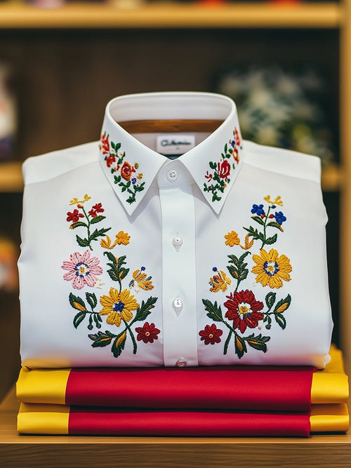 Men's Business Casual Floral Lapel Short Sleeve Shirt