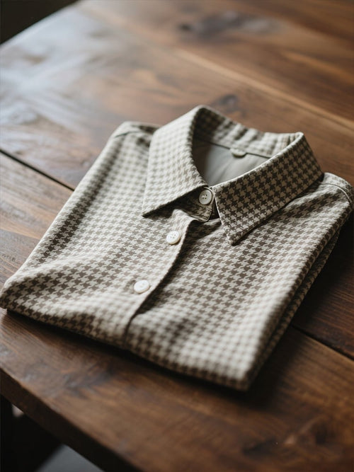 Men's Business Casual Grey Houndstooth Lapel Short Sleeve Shirt